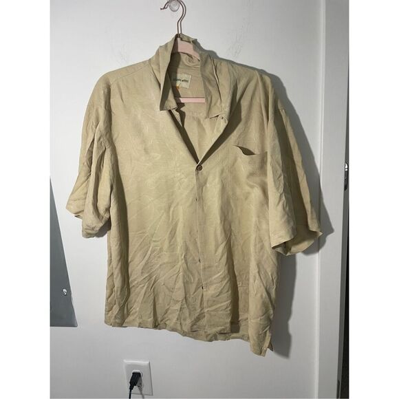 Joseph & Feiss Shirt Mens Size Large Tan 100% Silk Camp Palms Textured Button Up - Picture 1 of 6